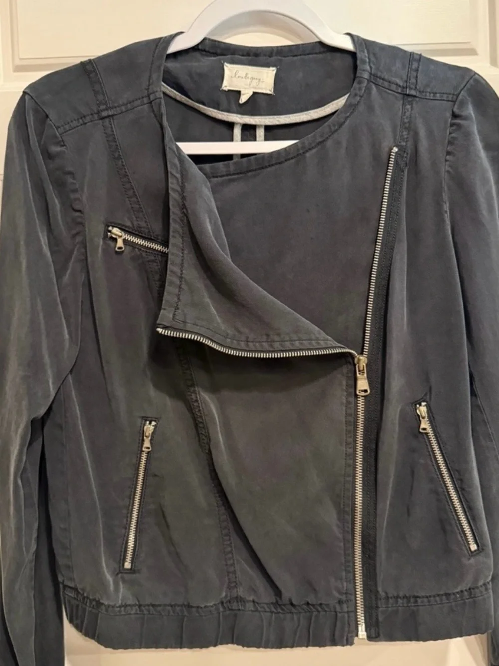 Lou & Grey XS Charcoal Gray Draped Moto Jacket Asymmetrical Zip Pockets